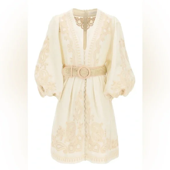 Zimmermann Estelle Embroidered Long Balloon Sleeve Linen Dress Bohemian Fairy - Picture 7 of 8